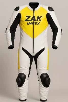 "White Yellow Leather Motorbike Racing Suit One Piece CE Armored Unisex . - Image 1 of 4