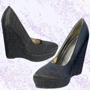 Call It Spring Black Wedges Shimmering Closed Toe Heels | Women's Size 6 - Picture 1 of 18
