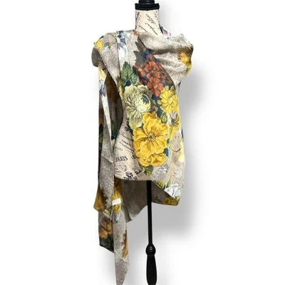 Kollie More Tan Floral Print Long Scarf Wrap Viscose Tan Yellow Green Boho Shawl - Image 1 of 4