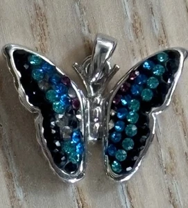 Vintage Silver Crystal Butterfly Pendant Blue Green - Picture 1 of 3