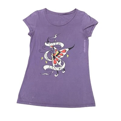 Camiseta ED HARDY Púrpura Vida Amor Suerte Mariposa Tatuaje Camisa SE ADAPTA A S/M Foto 1 de 4