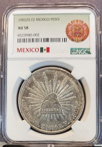 1902 Zs FZ MEXICO SILVER 1 PESO NGC AU 58 HIGH GRADE NICE COIN - Picture 1 of 3