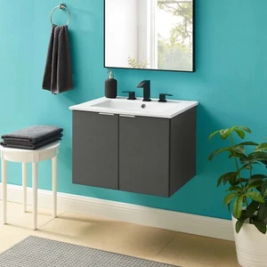 Modway Maybelle 24" Wall-Mount Bathroom Vanity In Gray White - Picture 1 of 10