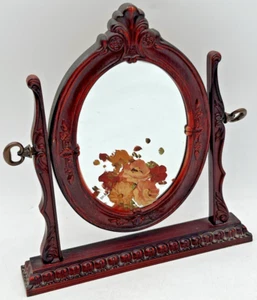 BRITISH REGISTERED DESIGN OVAL ORNATE MIRROR PAINTED FLOWERS FAUX WOOD 10-3/4" - Picture 1 of 10