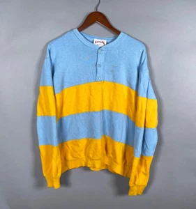 80s Nutmeg Mills Henley Boxy Sweatshirt Adult XL Blue Yellow Striped USA Made - Picture 1 of 13