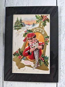Santa with stocking - 1910s Embossed Postcard - Matted for 5x7 Frame - Picture 1 of 3