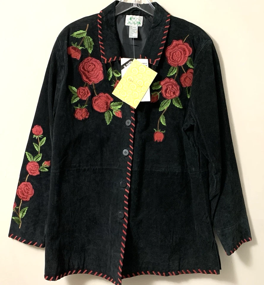 Chaqueta de cuero de gamuza Quacker Factory de colección floral rosa occidental para mujer L negra nueva con etiquetas Foto 1 de 4