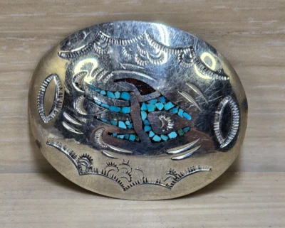 Vintage Sterling Silver J. Nezzie Belt Buckle with Turquoise Chips - Image 1 of 4