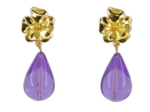 VINTAGE TRIFARI GOLD TONE FLOWER LAVENDER LUCITE TEAR DROP DANGLE EARRINGS - Picture 1 of 18