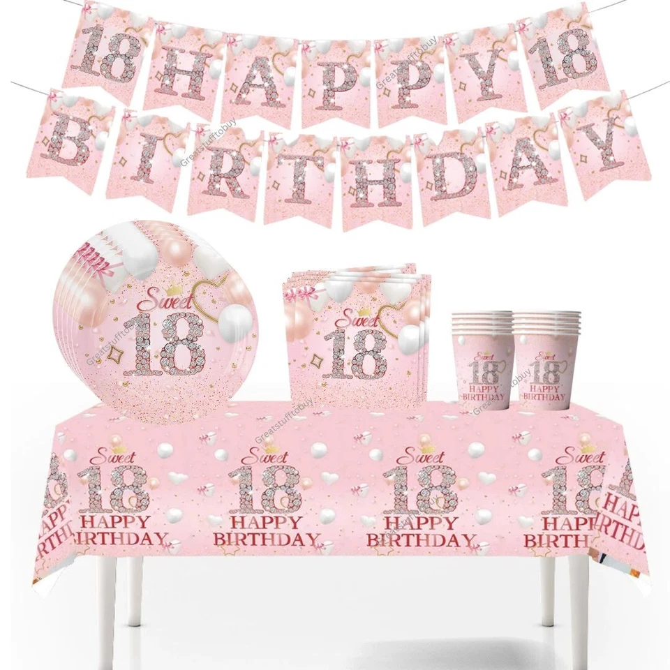 18th Birthday gift girls tablecloth cups banner balloon party decorations - PINK - Image 1 of 1