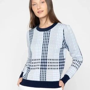 Kinross blau karierter Pullover mit gerafften Ärmeln Damenpullover Medium - Bild 1 von 5