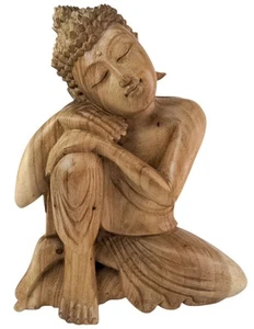Statue du Bouddha Penseur 30cm en bois sculpté à l - Imagen 1 de 6