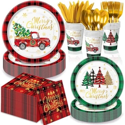 175 PCS Party Supplies Red and Green Plaid Tree Disposable Paper Christmas - Image 1 of 4
