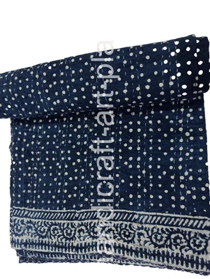 Indian Kantha King Quilt Blue Indigo Print Reversible Bedspread Throw Blanket - Image 1 of 4