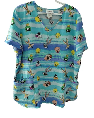 Looney Tunes Tie Dye Scrubstar Tweety Taz Marvin Medical Scrub Top Women's XL - Image 1 of 4