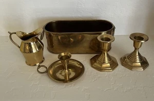 Vintage Brass CandleStick Holders,  Pitcher, Container, Five Total Mixed Lot - Picture 1 of 24