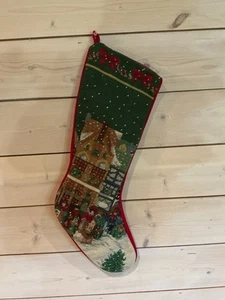 Vintage Needlepoint Christmas Stocking “Village With Caroler’s” Red Velvet Back - Picture 1 of 5