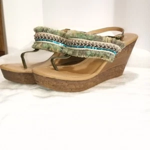 Forever Bellevue Thong Sandals Womens 10 Blue Brown. 4" Cork Wedge Platforms. - Picture 1 of 22