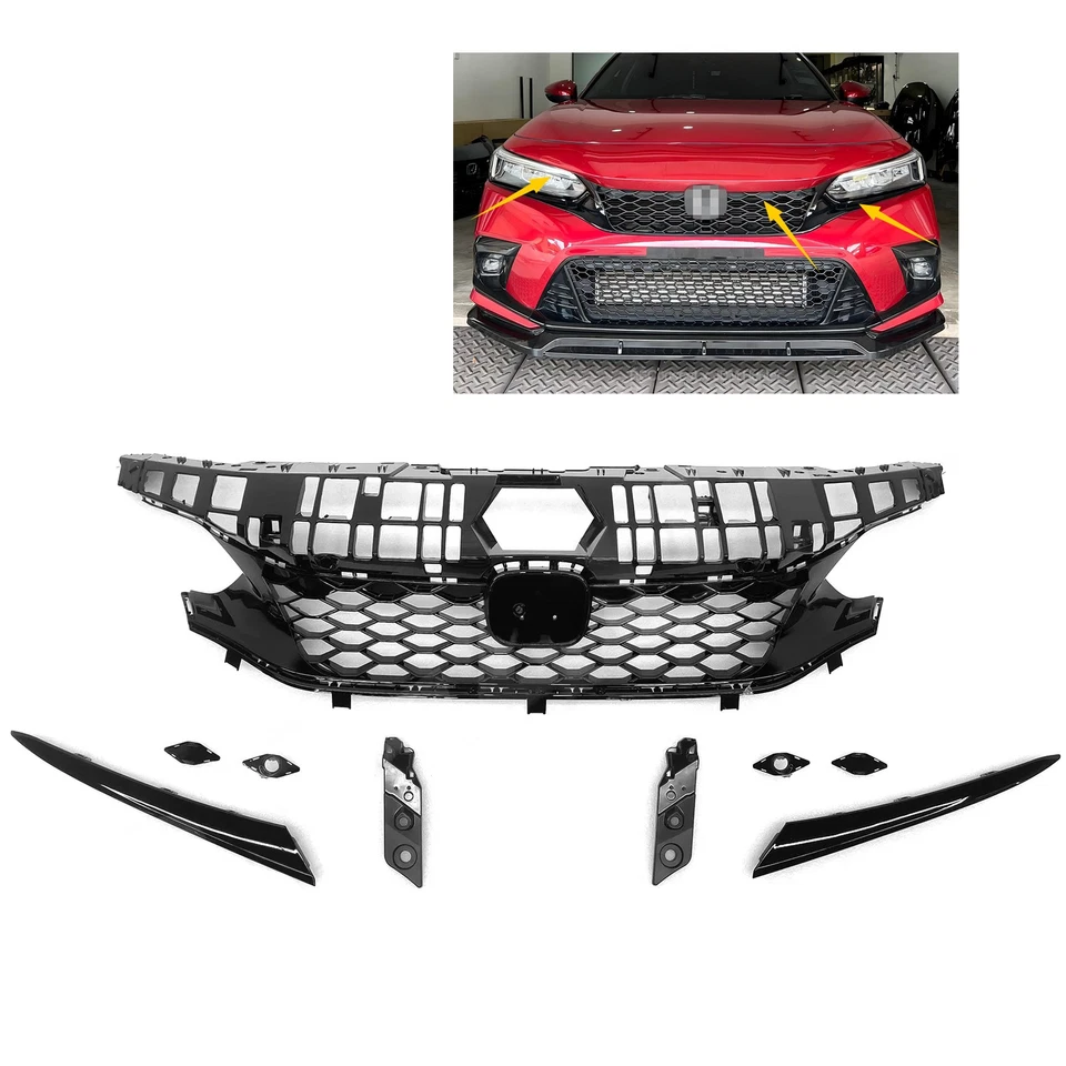 For 2022-2023 Honda Civic Base Sedan Type R Style Front Mesh Grille Gloss Black - Image 1 of 4