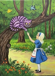 ACEO RYTA Alice In Wonderland Art print of painting Cheshire Cat Garden English - Picture 1 of 1