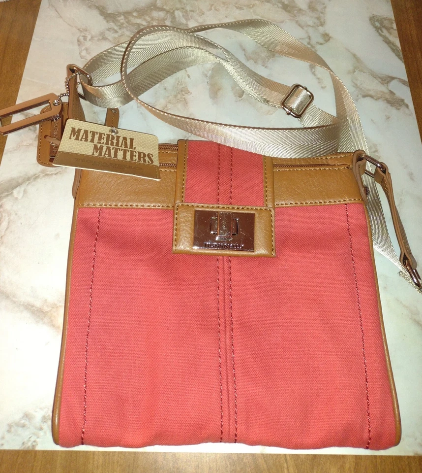 Bolso de Mano Tignanello Coral Lona Cuero Marrón Borde Bandolera Bloqueo Giratorio  Foto 1 de 4