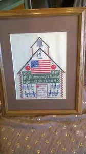 Vtg Needlepoint Old School House Alphabet Teacher Gift Framed 15 1/2" x 12 1/2” - Picture 1 of 5