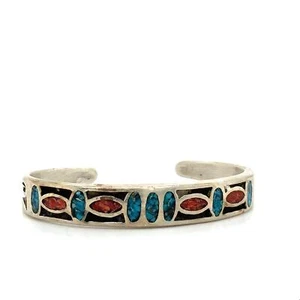 Vintage Sterling Native American Zuni Inlaid Multi Stone Cuff Bracelet sz 5 3/4 - Picture 1 of 6