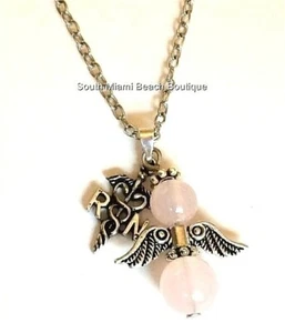 Nursing RN Caduceus Necklace Pink Angel Nurse Graduation Gift Silver Plated - Picture 1 of 7