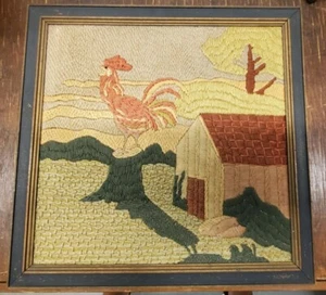 VINTAGE AMERICAN FOLK ART EMBROIDERY COUNTRY SCENE ROOSTER FARM ART 1930s  #4998 - Picture 1 of 12