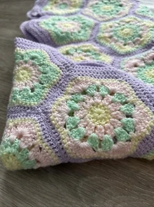 Handmade Crochet Crib Baby Blanket Pink Purple Yellow Green 40” X 46” Hexagon - Picture 1 of 7