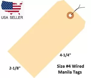 1000 - 4 1/4" x 2 1/8" Size 4 Manila Inventory Shipping Hang Tags with Wire - Picture 1 of 2