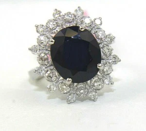 Natural Oval Blue Sapphire & Diamond Halo Solitaire Ring 14k White Gold 9.00Ct - Picture 1 of 7