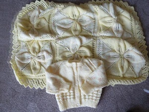 HAND KNITTED BABY BLANKET / SHAWL + CARDIGAN - Picture 1 of 2