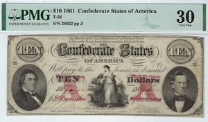 T-26 PF-4 $10 Confederate Paper Money 1861 - PMG Very Fine 30 - R10!  - Picture 1 of 2