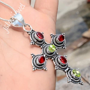 Red Garnet Cut & Peridot Cut Gemstone Cross 925 Sterling Silver Dainty Pendant - Picture 1 of 6