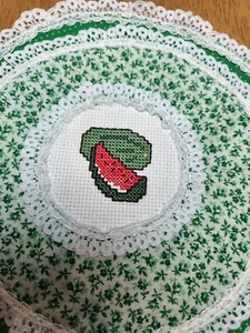 Green Calico, Lace & Cross Stitch Watermelon 7.75" Diameter Round Doily - Picture 1 of 6