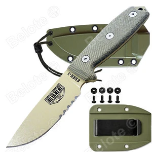 ESEE Modell 3 Wüstenhellbraune Klinge Serratd Edge Laub grüne Hülle Clip Platte 3S-DT - Bild 1 von 4