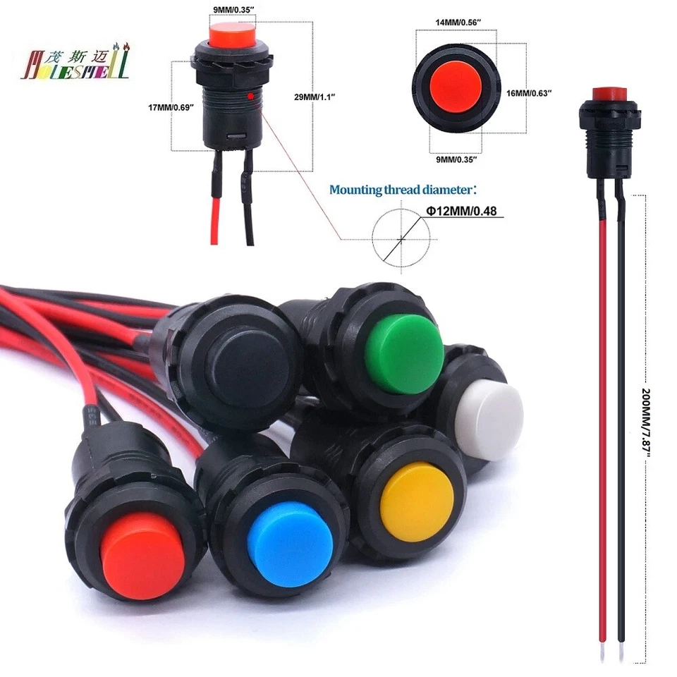 Latching Push Button Switch OFF-ON SPST 12mm Normally Open With 20cm Wire - Image 1 of 1