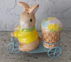 Neu im Karton Boston Warehouse Kaninchen Häschen Blumen Salz & Pfeffer Set mit Fahrrad Caddy - Bild 1 von 5