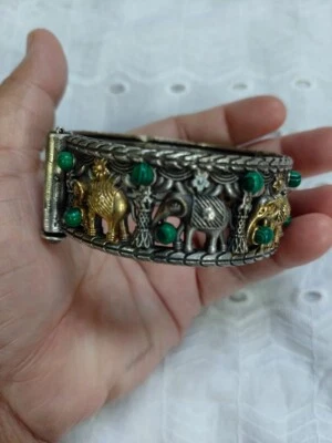 Brazalete Brazalete Brazalete Ajustable Malaquita Look Vintage Óxido Negro Elefante Foto 1 de 4