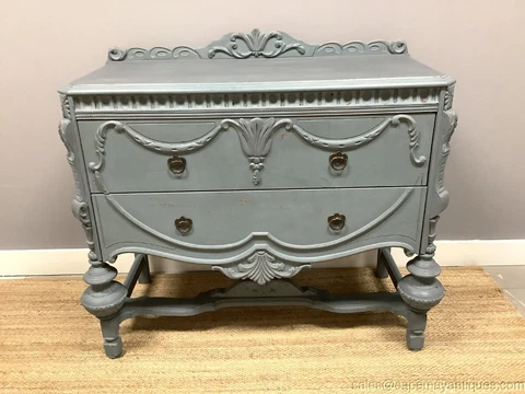 Vintage Painted Petite Sideboard Server Blue Gray Tones Detail Carvings 2 Drawer Cover