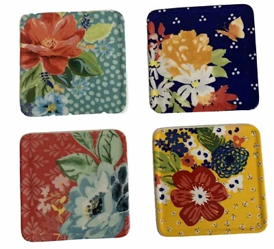 Juego de 4 Posavasos Mujer Pioneer Diseño Floral Cerámico Fondo de Corcho Multicolor  Foto 1 de 4