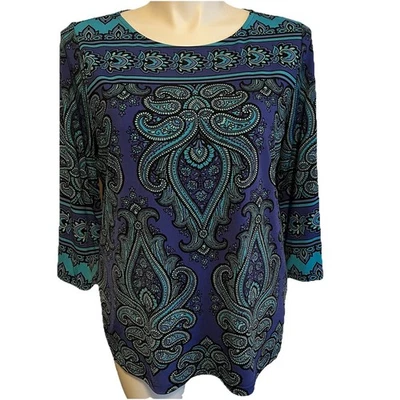 Top túnica artística portátil Bob Mackie para mujer L artística cachemira gitana boho elástica Foto 1 de 4