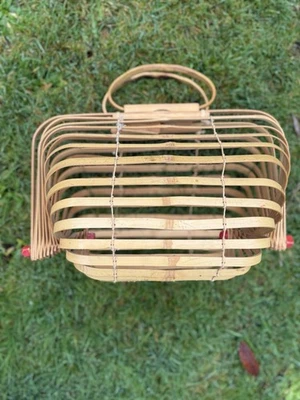 Vintage 50's Japanese Folding Bamboo Basket Purse Cage Handbag - Image 1 of 4