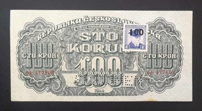 Czechoslovakia 100 Korun 1944 with Czechoslovakia stamp XF specimen - Image 1 of 2