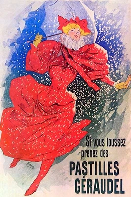 PASTILLES GERAUDEL COUGH DROPS GIRL RED DRESS DANCING SNOW VINTAGE POSTER REPRO - Image 1 of 3