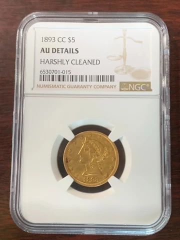 1893-CC $5 Liberty Gold Half Eagle AU Details Harshly Cleaned NGC Cover