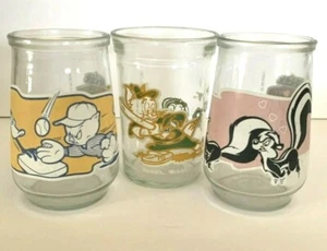 Welch's Jelly Jars Tom & Jerry Pepe Daffy Porky Glass Jar Cups Set of 3 Vintage - Picture 1 of 12