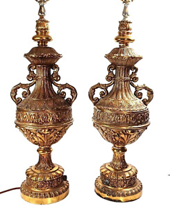 Antique French Rococo Ornate Gold Amphora Vase Trophy Table Lamps Cast Metal