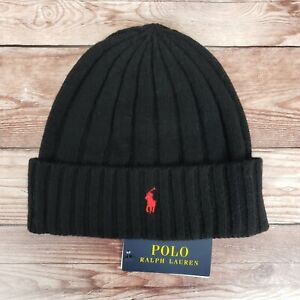 Polo Ralph Lauren Men's Cuffed Beanie Wool/Nylon Black with Red Logo OSFM